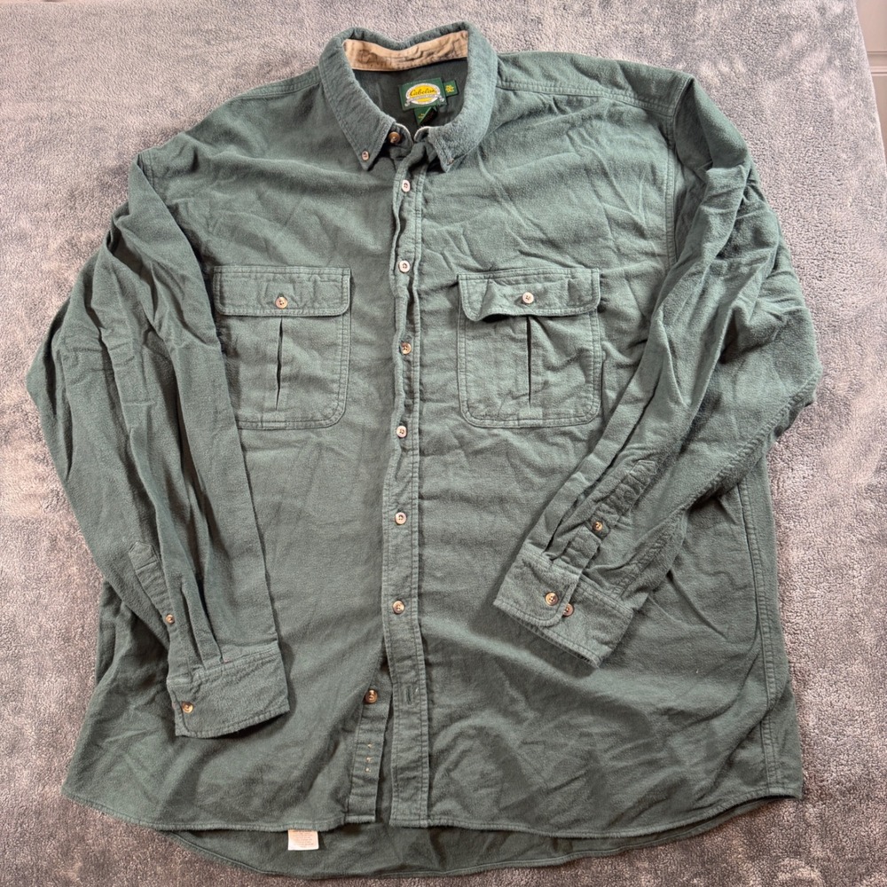 Cabelas Mens 2XL Tall Green Flannel Button Down Shirt Cotton Heavyweight 90-2574